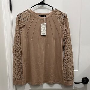 Rasaleela Tan Long Sleeve Top with Lace Sleeves